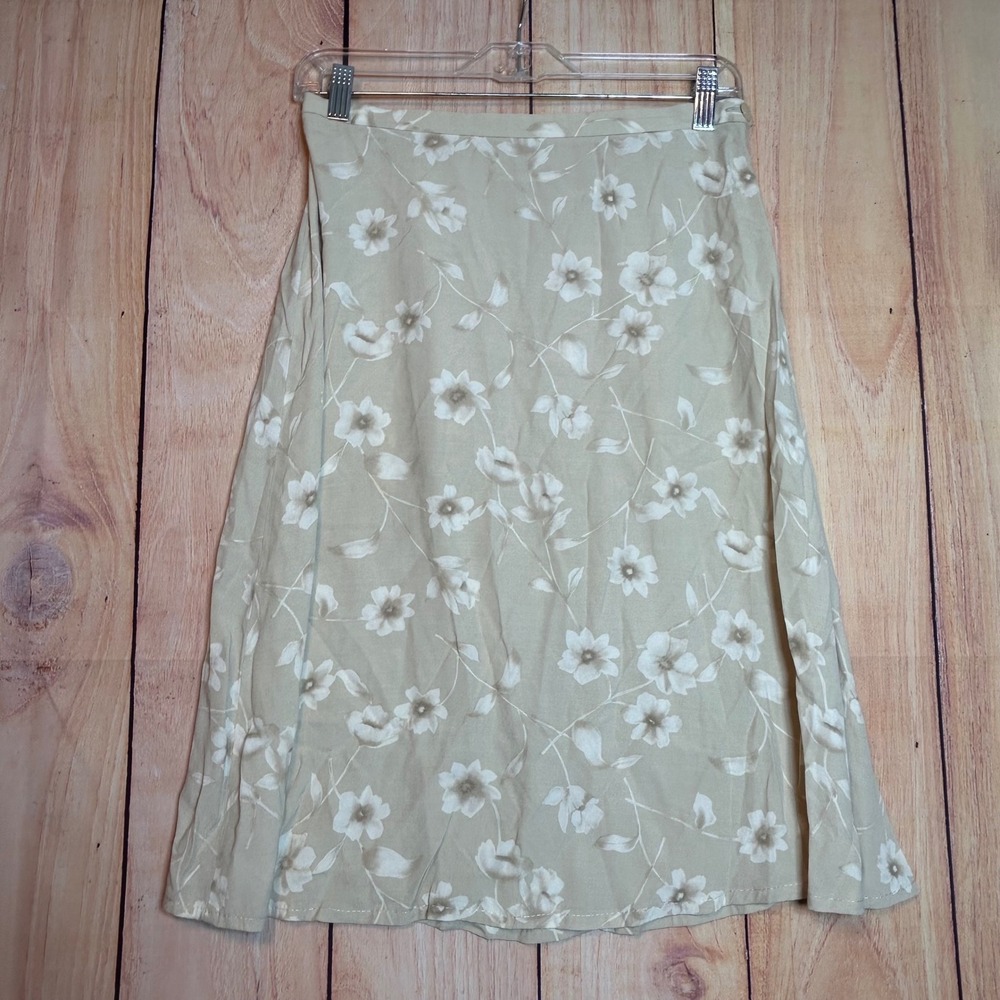 Worthington Midi Skirt Womens 10 Tan Floral Rayon A-Line Cottagecore Vintage